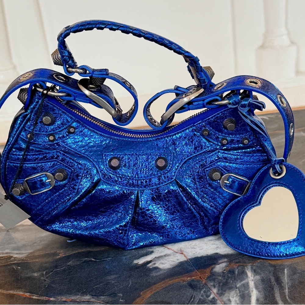 NWT $2650 Balenciaga Le Cagole 671309 Metallic Blue Leather XS Shoulder Bag - Picture 2 of 15